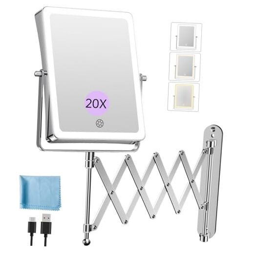 Rechargeable Wall Mounted Makeup Mirror with Lights, 8.7 Inch Double Chrome