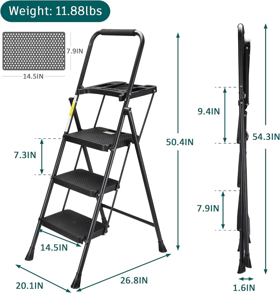 Three-step ladder with tool tray, folding footstool, 500 lbs, black.