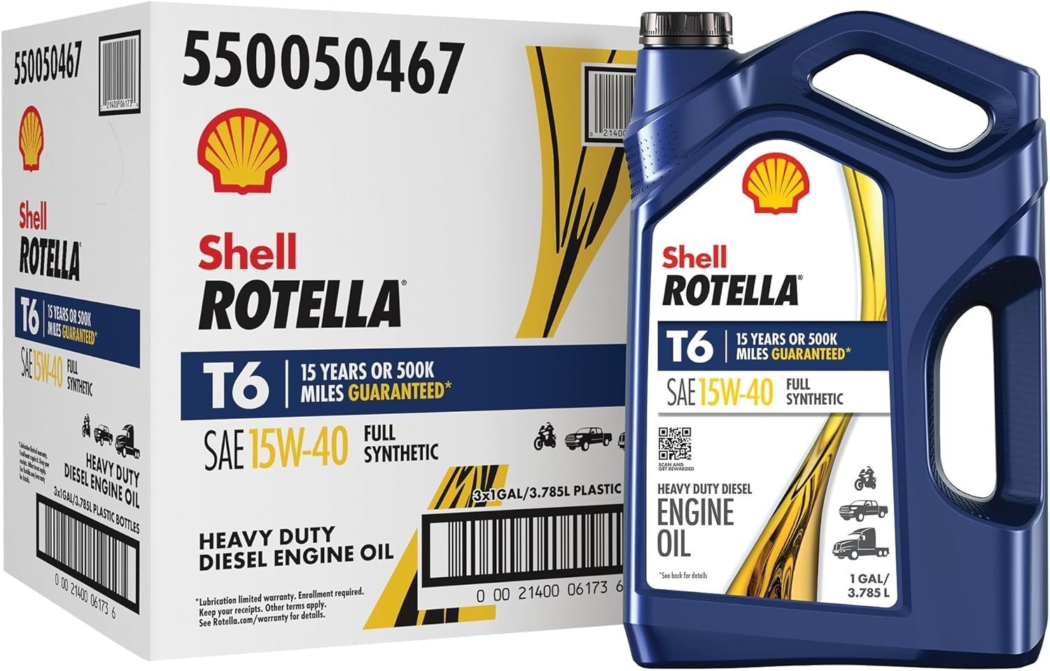 3 Pack. Shell Rotella T6 Full Synthetic 15W-40 Diesel Engine Oil, 1 Gallon