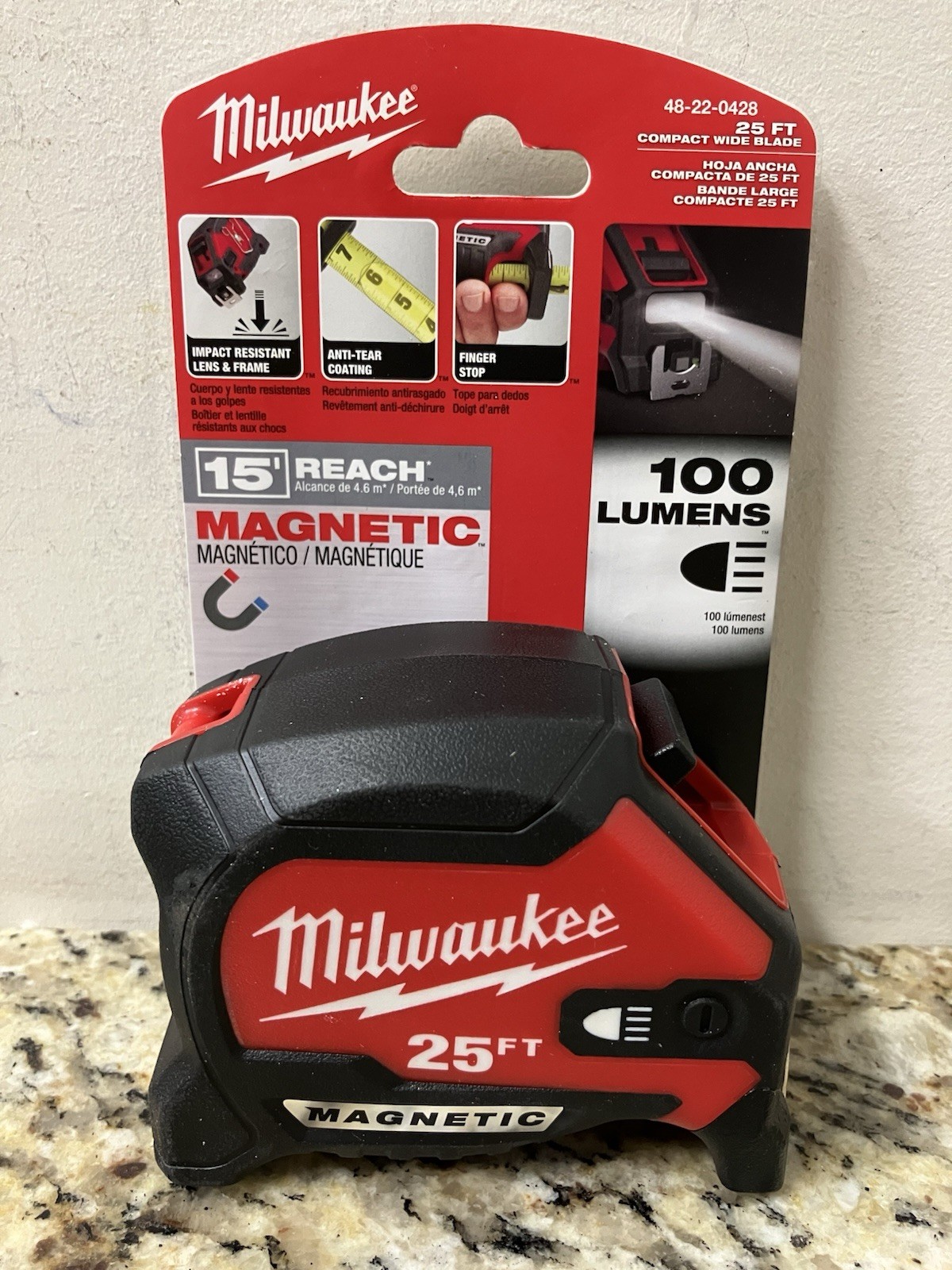 MILWAUKEE 48-22-0428, 25 ft. Magnetic Tape Measure with Wide Blade and LED Light