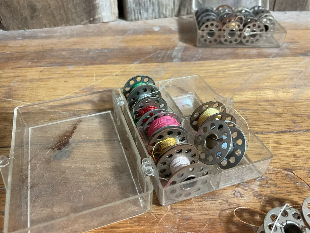 Large Lot - 49 Sewing Machine Metal Bobbins w/ Cases Thread