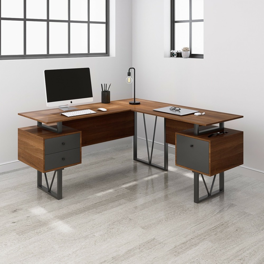 Techni Mobili Reversible L-Shape Computer Desk Workstation with Multiple Storage