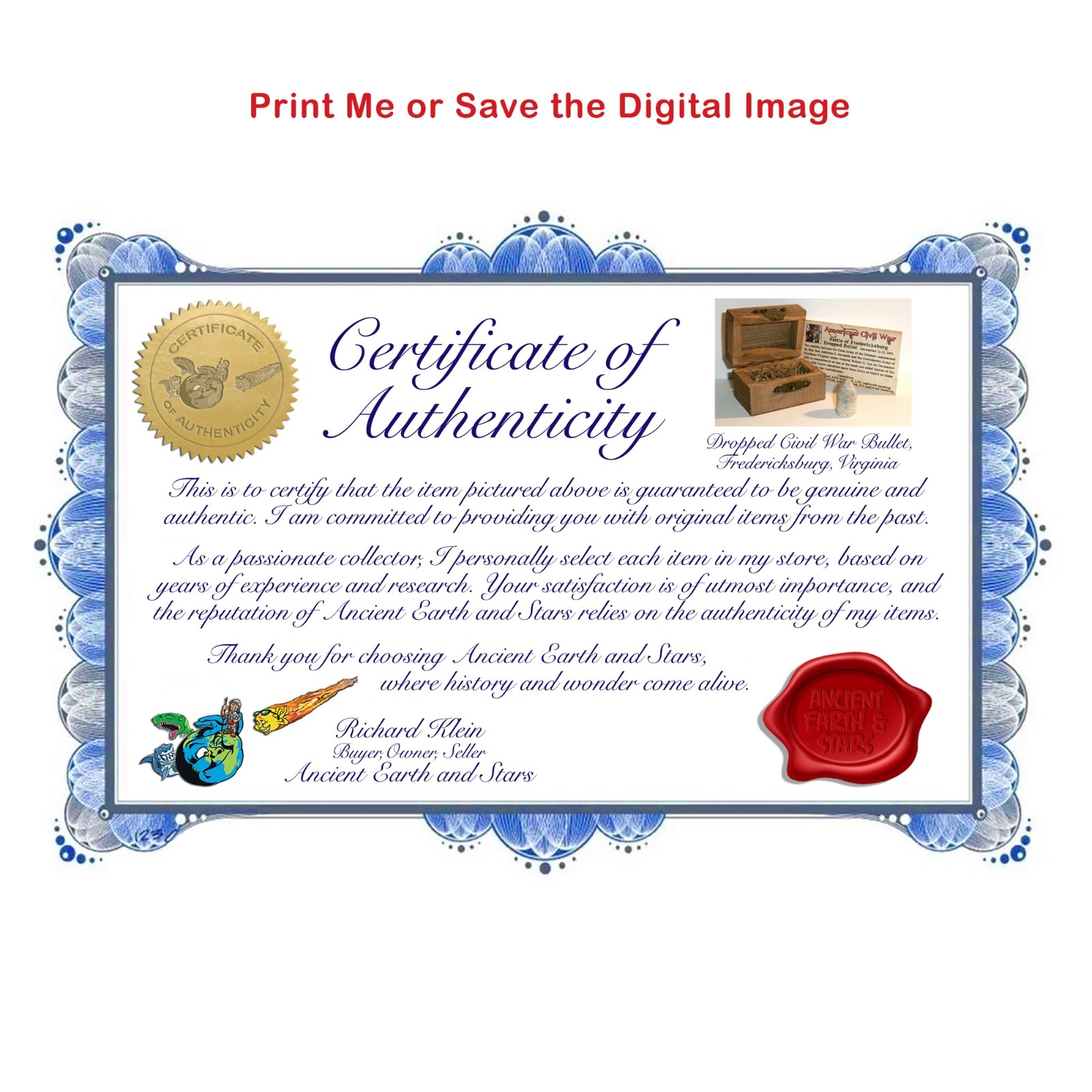 Civil War Bullet Battle of Fredericksburg, Wood Chest, Information Card and COA