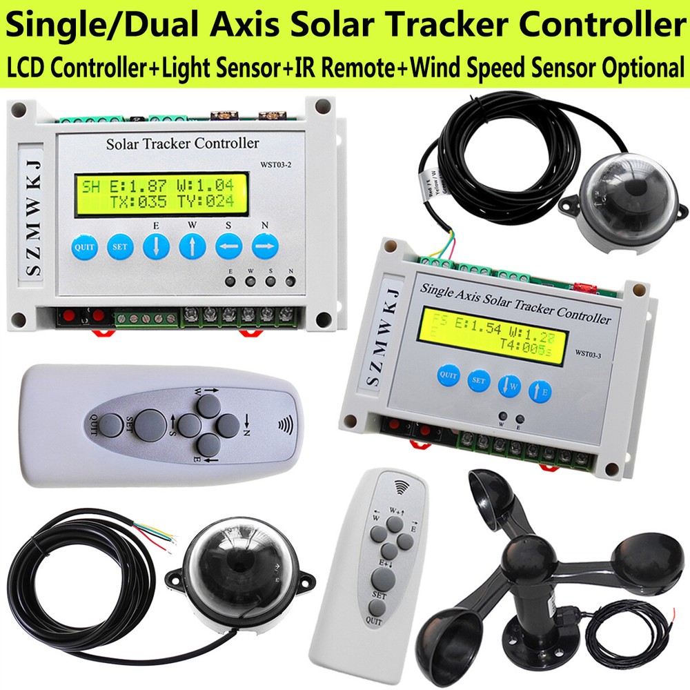 Single/Dual Axis Solar Tracker Controller + Anemometer + Light Sensor +IR Remote