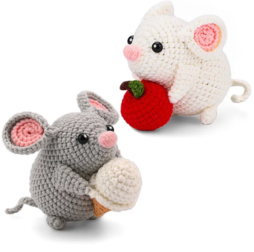 2‑Pack Beginners Crochet Kit w Hooks & Threaders–Cute Mouse DIY Yarn Starter Set