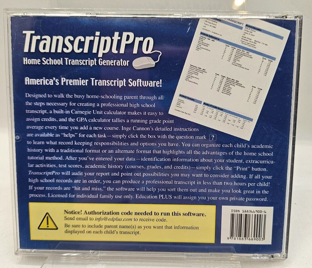 TranscriptPro Home School Transcript Generator CD-ROM Cannon Education Plus