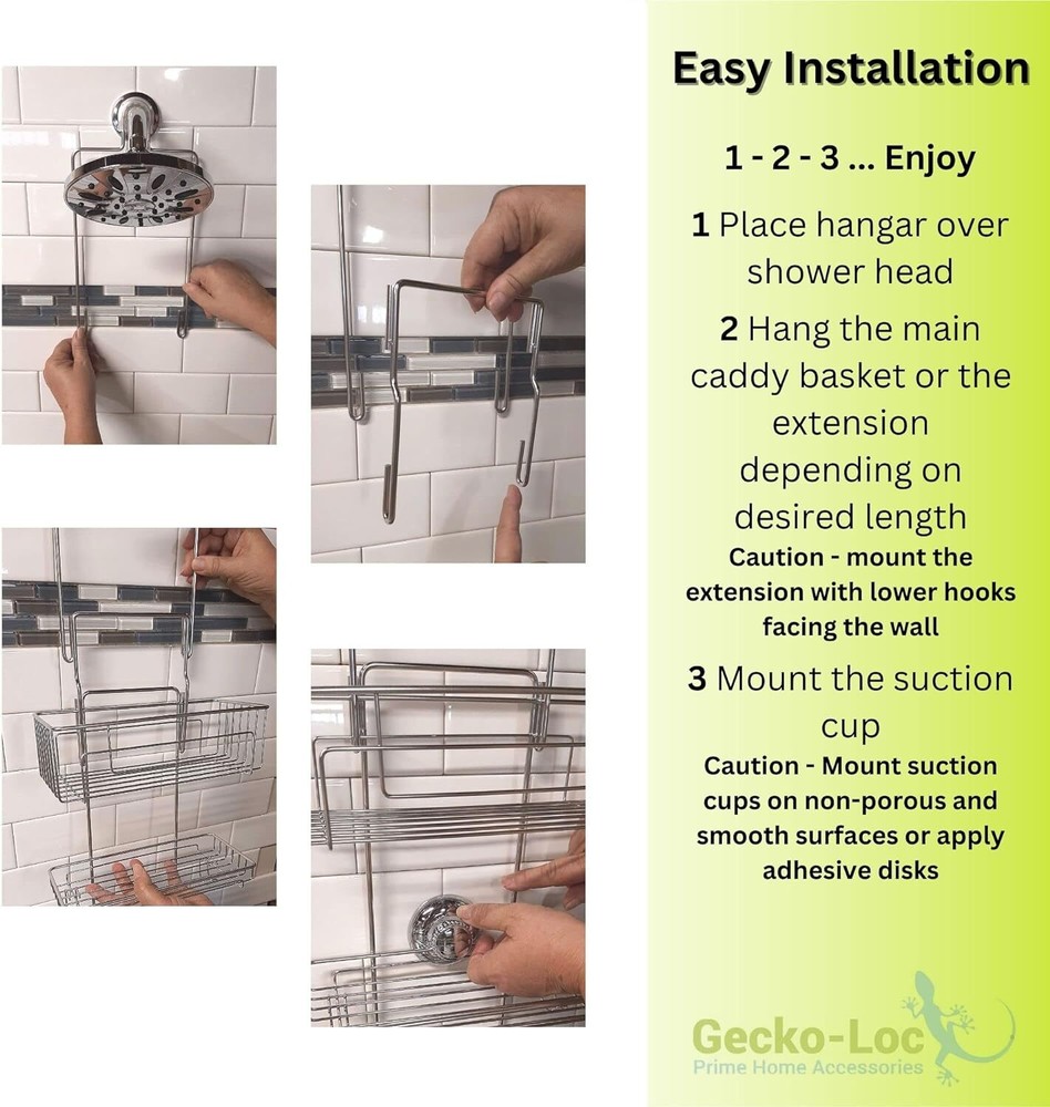Gecko-Loc Extra Long Adjustable Length Deep shelf over the showerhead Silver
