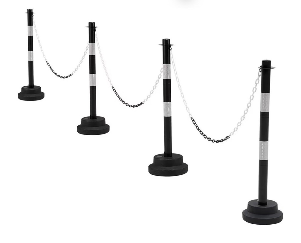 4 Pack- 34” Traffic Delineator Post Cones, Fillable Base & 5ft Plastic Chains