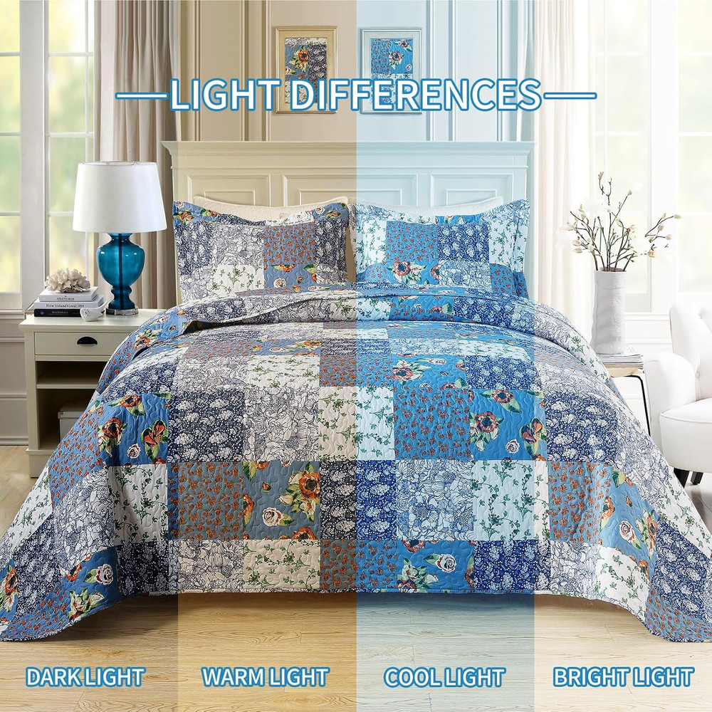 Reversible Boho Queen Quilt Set - Garden Pattern, 3 Pieces, Lightweight Bedsprea