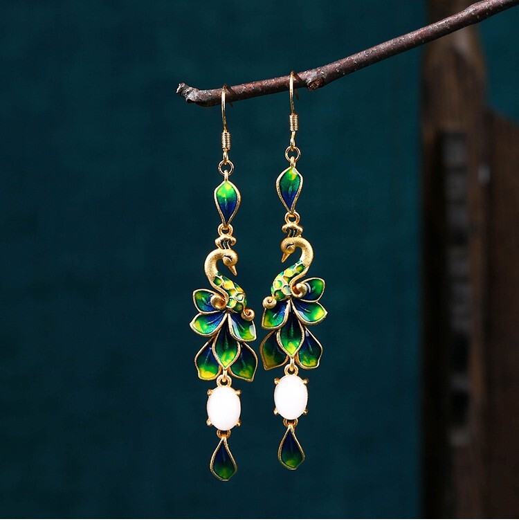 Jade Drop Dangle Earrings Peacock Cloisonne Bohemian Ear Hook 18K Gold Plated