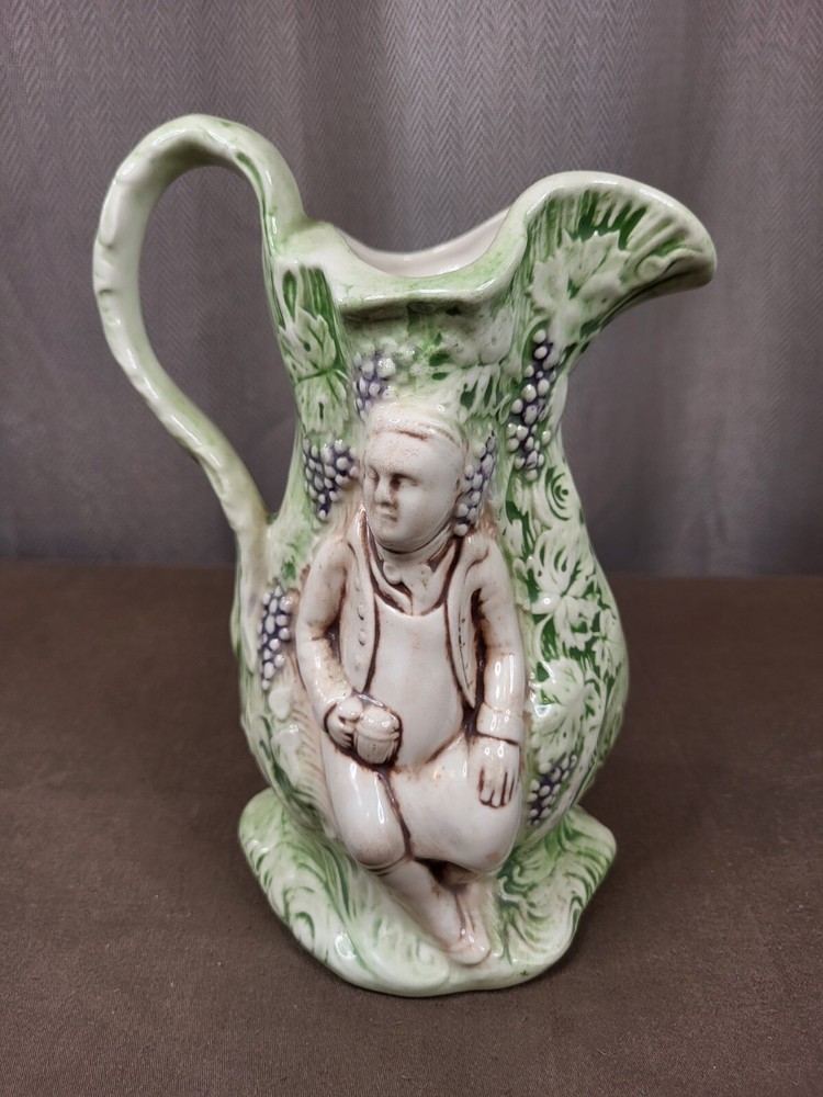 Vintage Ceramic Pitcher w Raised Figures & Grape Vines Artist Signed & Dated
