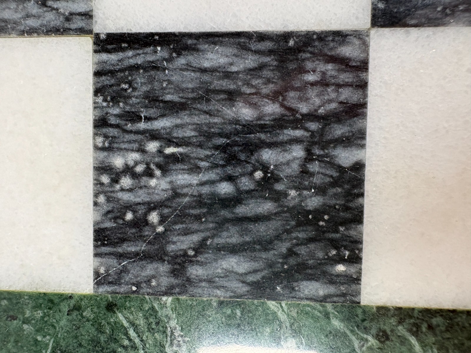 Marble Chess Board Black White With Green Border Stone 15 Inch Vintage Used