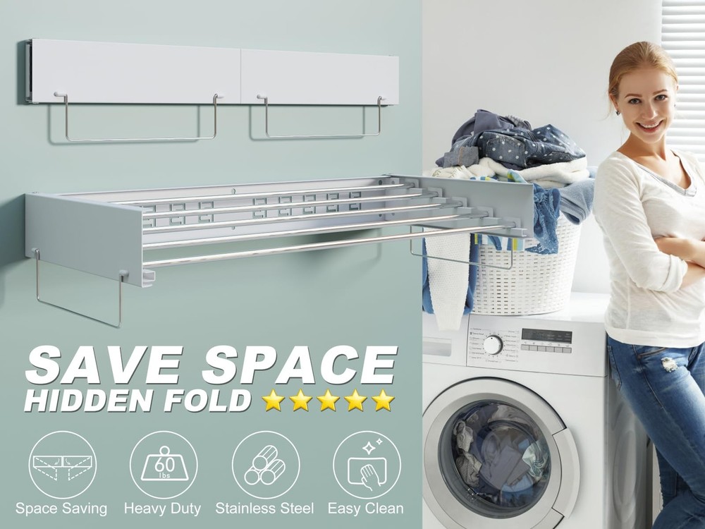 Wall Mounted Hidden Clothes Drying Rack - Pull-Out Laundry Organizer with 5 S...