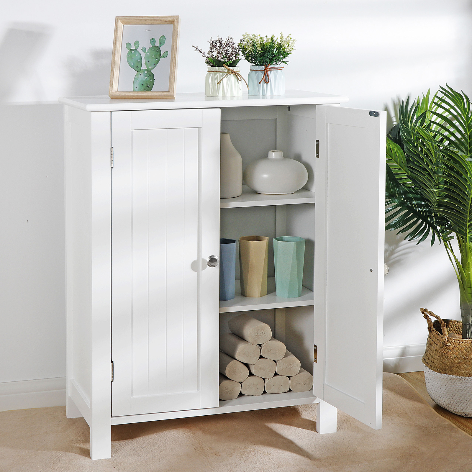 White Wooden Bathroom Floor Cabinet Storage Cupboard 3 Shelves Free Standing