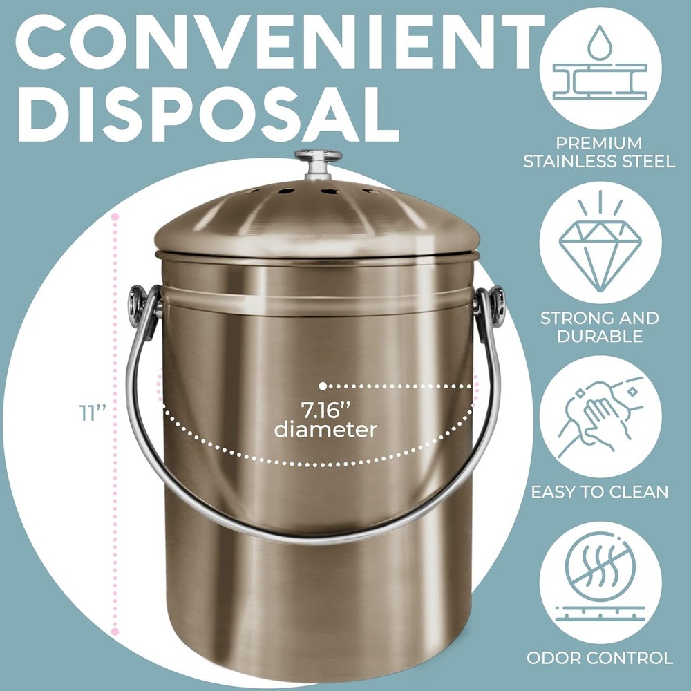 Countertop Compost Bin Kitchen | 1.3 Gallon | Odorless Composting Bin with Ca...