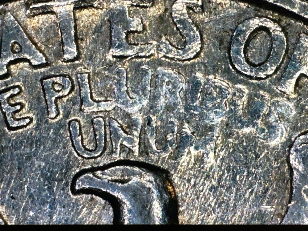 1984 P Quarter Reverse Major Grease Strike Through Error, Slightly Tilted