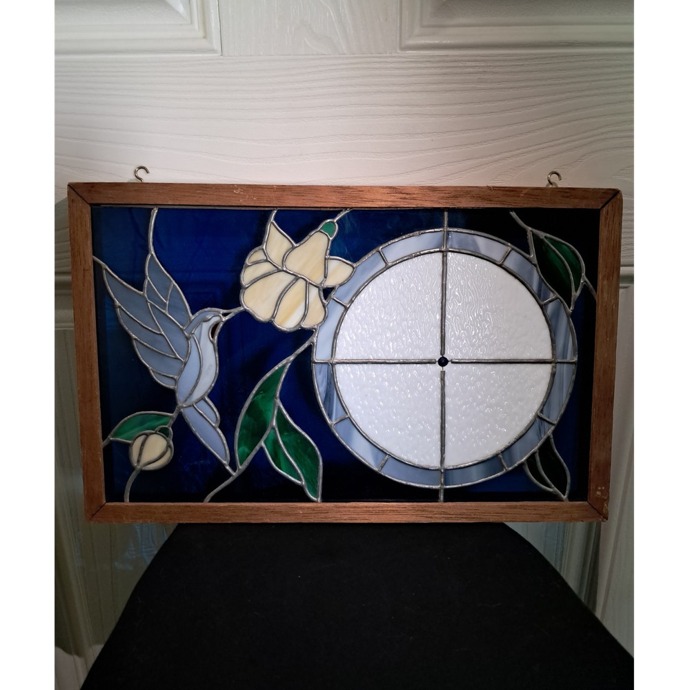 vintage hummingbird Stained Glass Window Panel Framed
