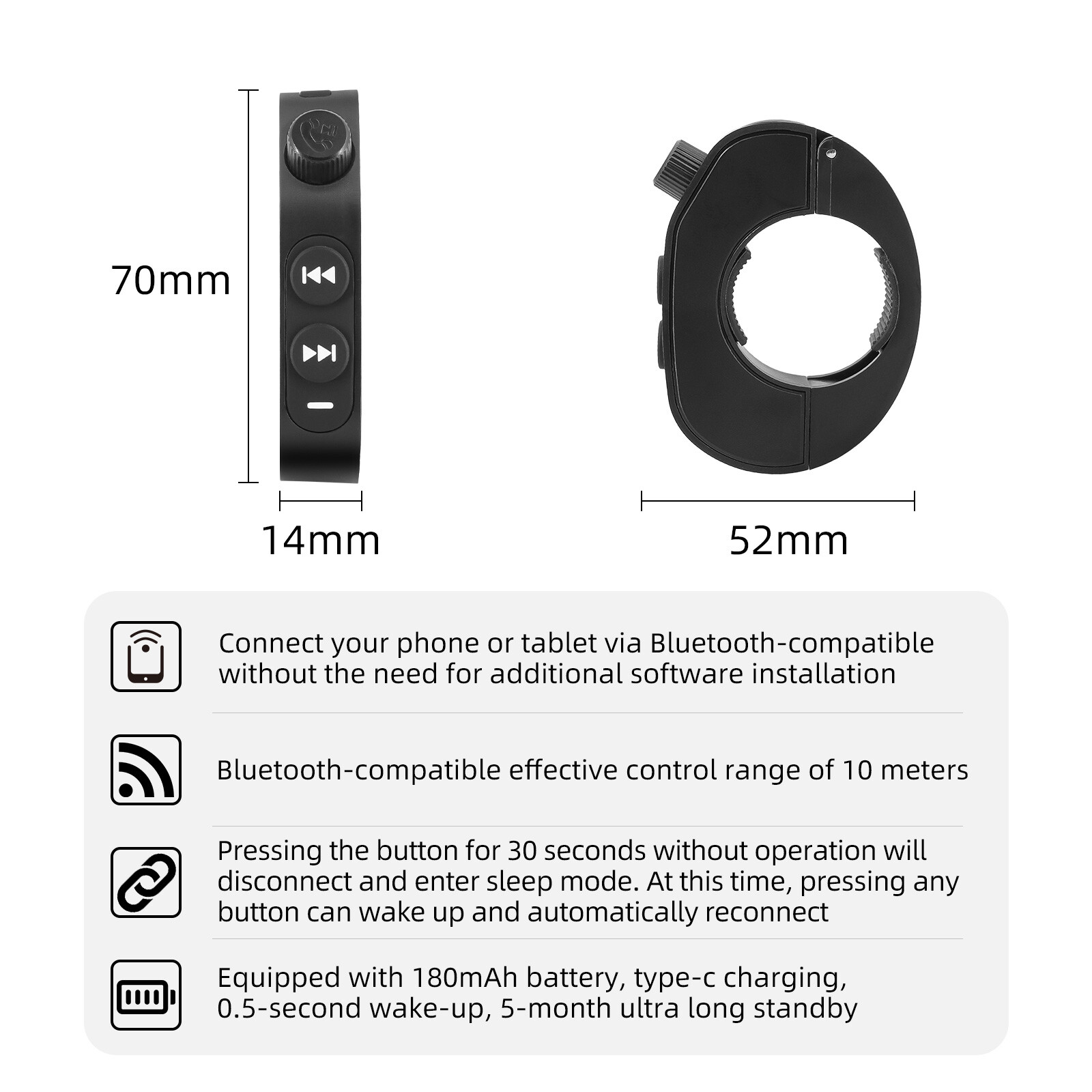 Black Wireless Bluetooth Media Button Remote Controller For Motorcycle Handlebar