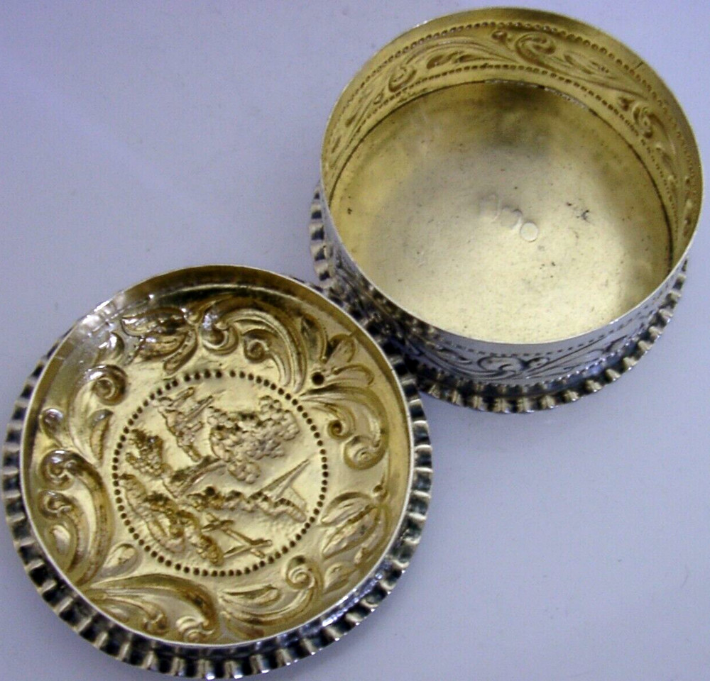 LARGE 198g GERMAN HANAU SOLID SILVER PICTURE TOP TABLE BOX c1900 ANTIQUE