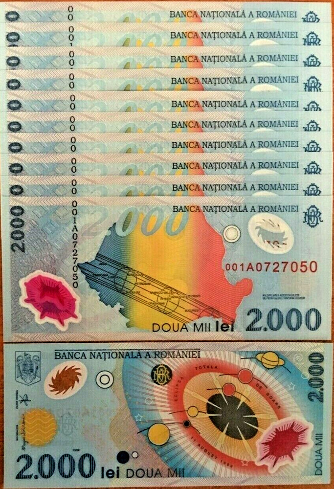 Romania 2000 LEI P-111 1999 x 10 Pcs 001A Prefix Commemorative UNC POLYMER NOTE