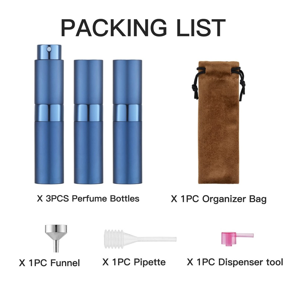 LISAPACK 8ml Travel Perfume Atomizer Spray Bottles, Refillable 3Pack Empty Blue