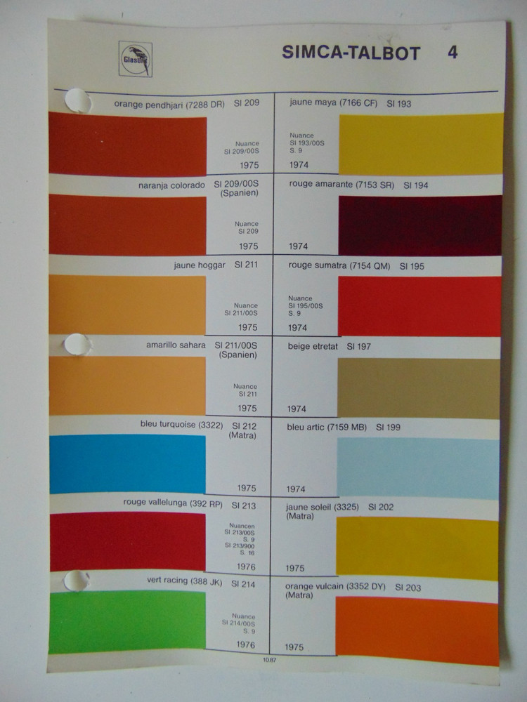 Original Glasurit Simca-Talbot Paint Chips Sheet - 1974-1976