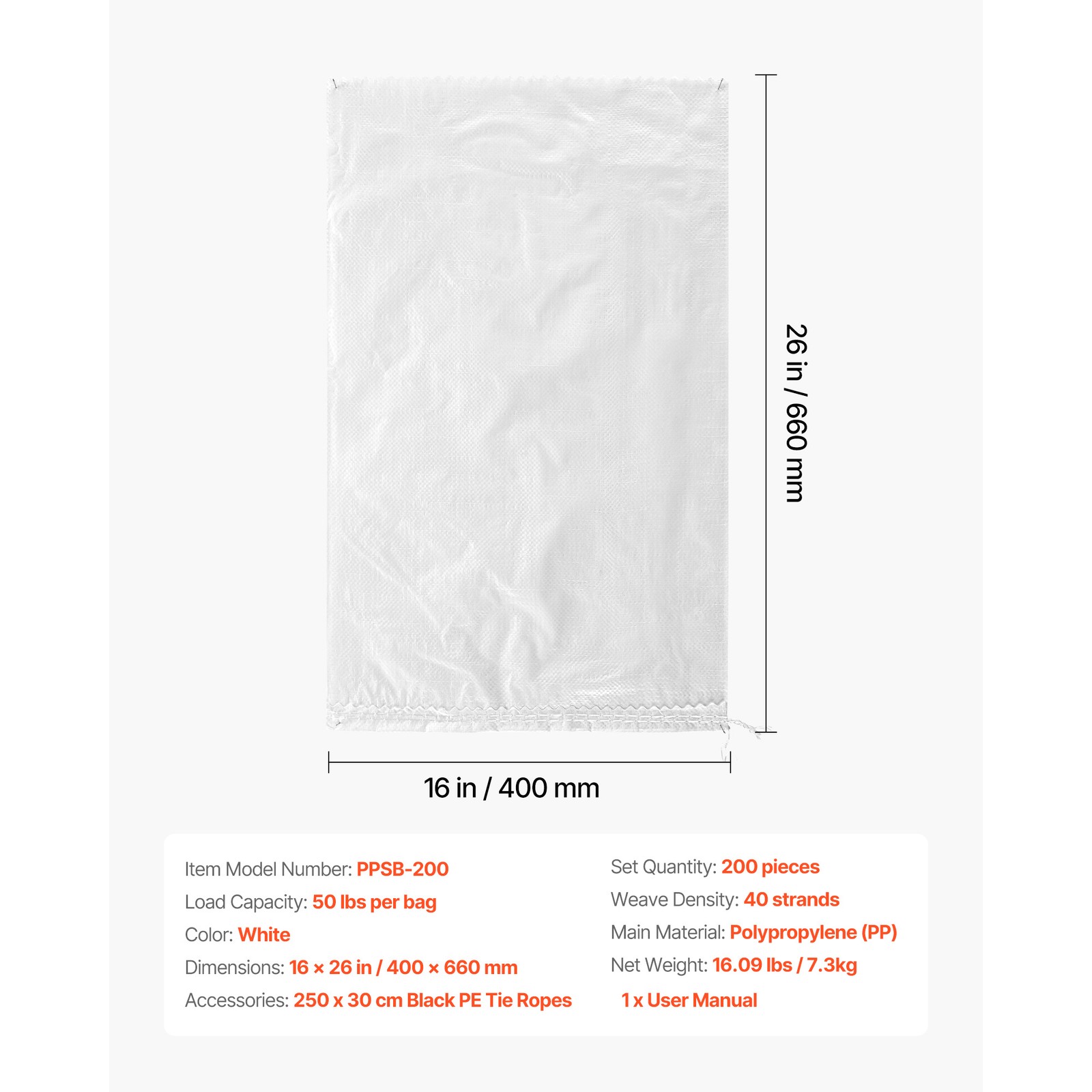 Uimoso 200 Pack Sandbags 16" x 26" with 50lb Capacity Heavy Duty Sand Bags