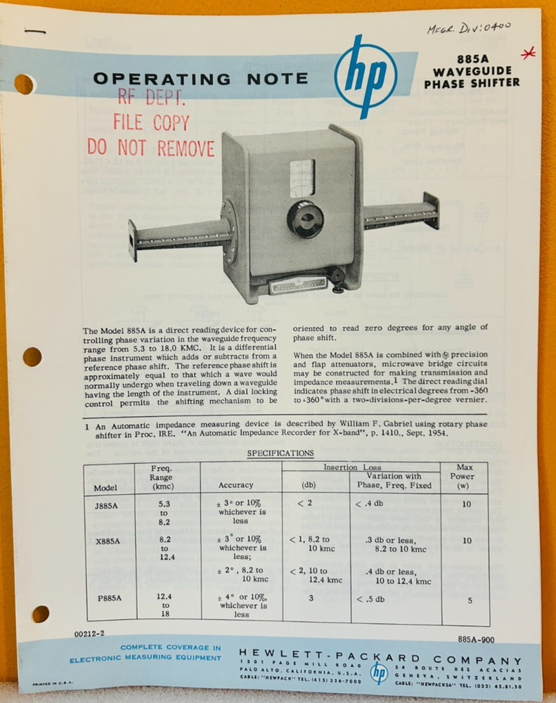 HP 00212-2 Model 885A Waveguide Phase Shifter Operating Note Manual.
