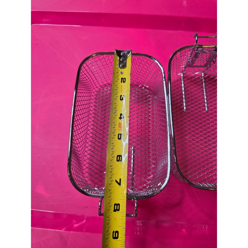 Set of 2 Silver Wire Mesh Deep Fryer Baskets with Hooks 8x4.5x4 Rectangular