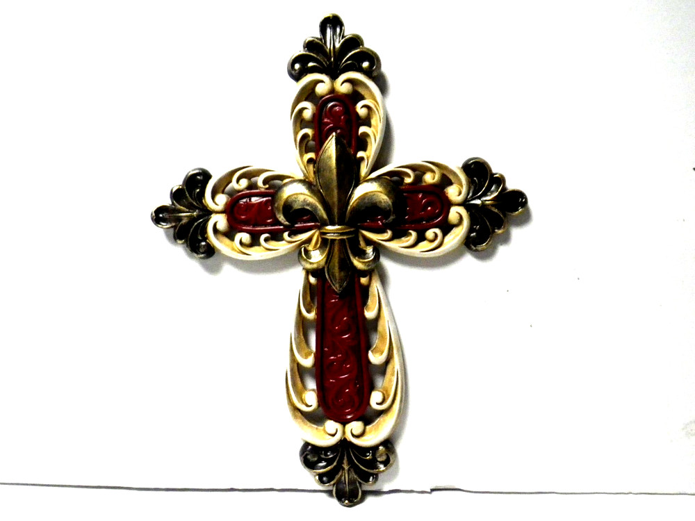 Rustic French Fleur De Lis Scrollwork Red Gold White Wall Cross