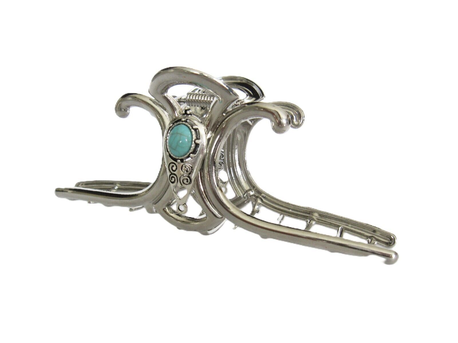 Extra large hair claw clip silver turquoise blue stone metal native western
