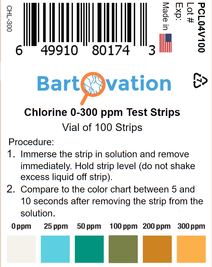 Restaurant Chlorine Sanitizer Plastic Test Strips 0-300 ppm [Vial of 100 Strips]