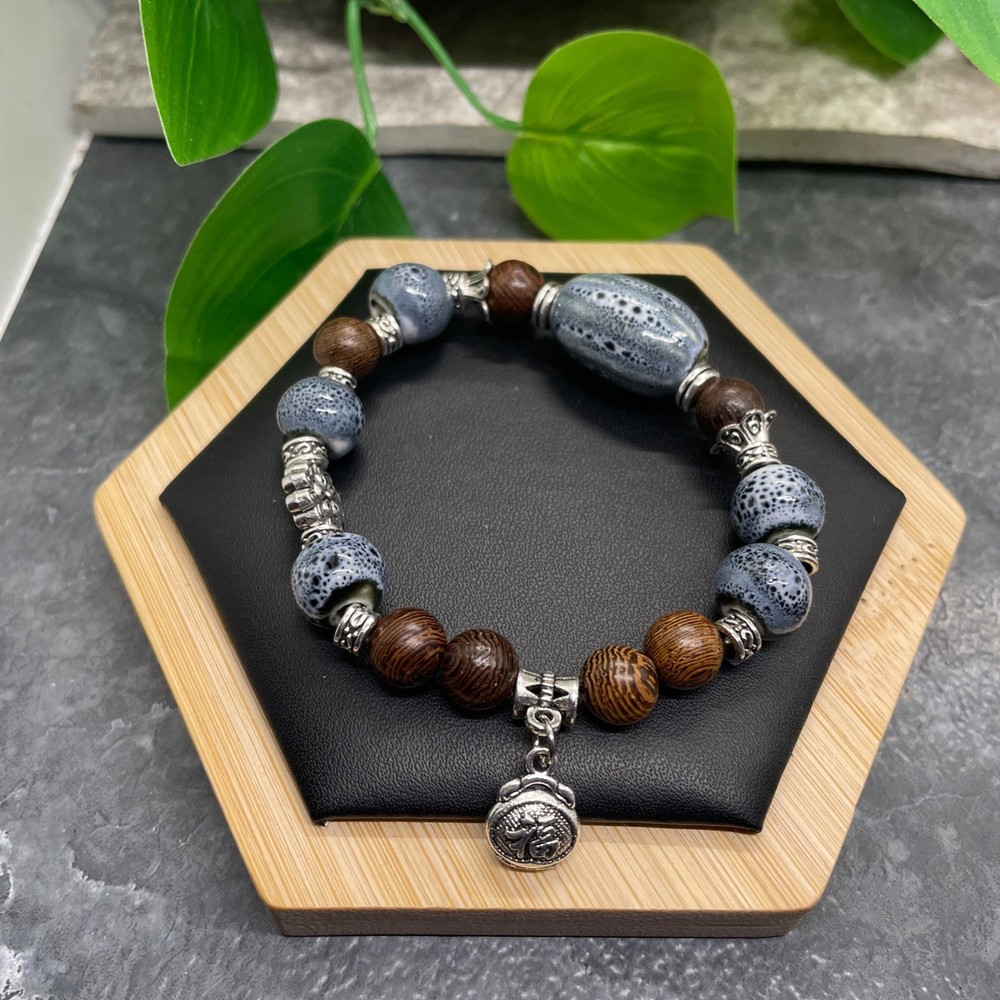 Handmade Ceramic Bead Beaded Stackable 6.5” Plus Stretch Bracelet New B421
