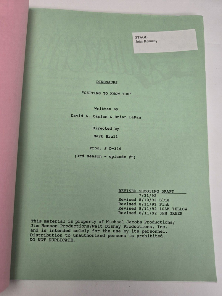 DINOSAURS / Brian LaPan 1992 TV Script, Tim Curry "Getting to Know You"