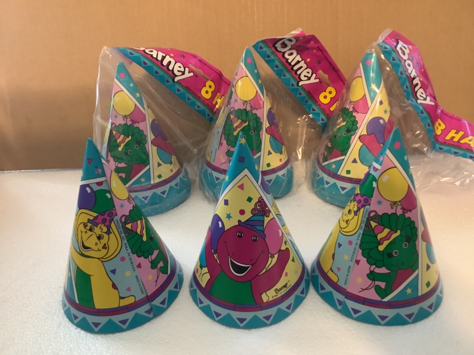 24 VTG Unique Barney & Friends Paper Party Hats 3 Packs of 8 NOS unopened  1995