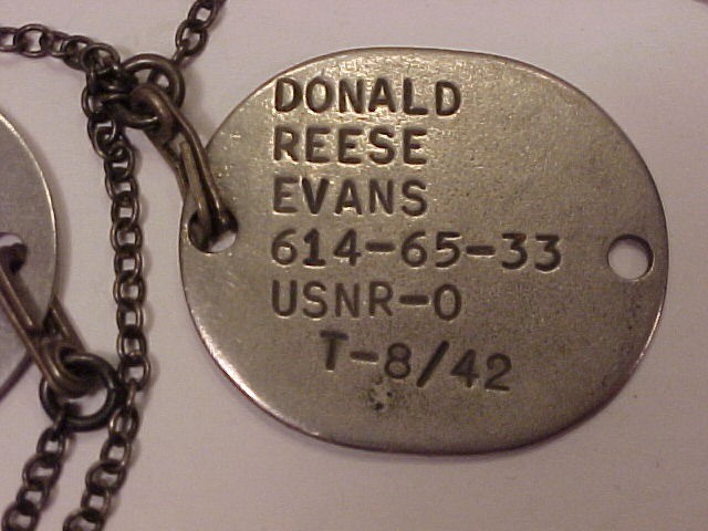 ORIG'L & VG+ Dog Tags of Donald Reese Evans (USMCR) Vet of WWII On Period Chain
