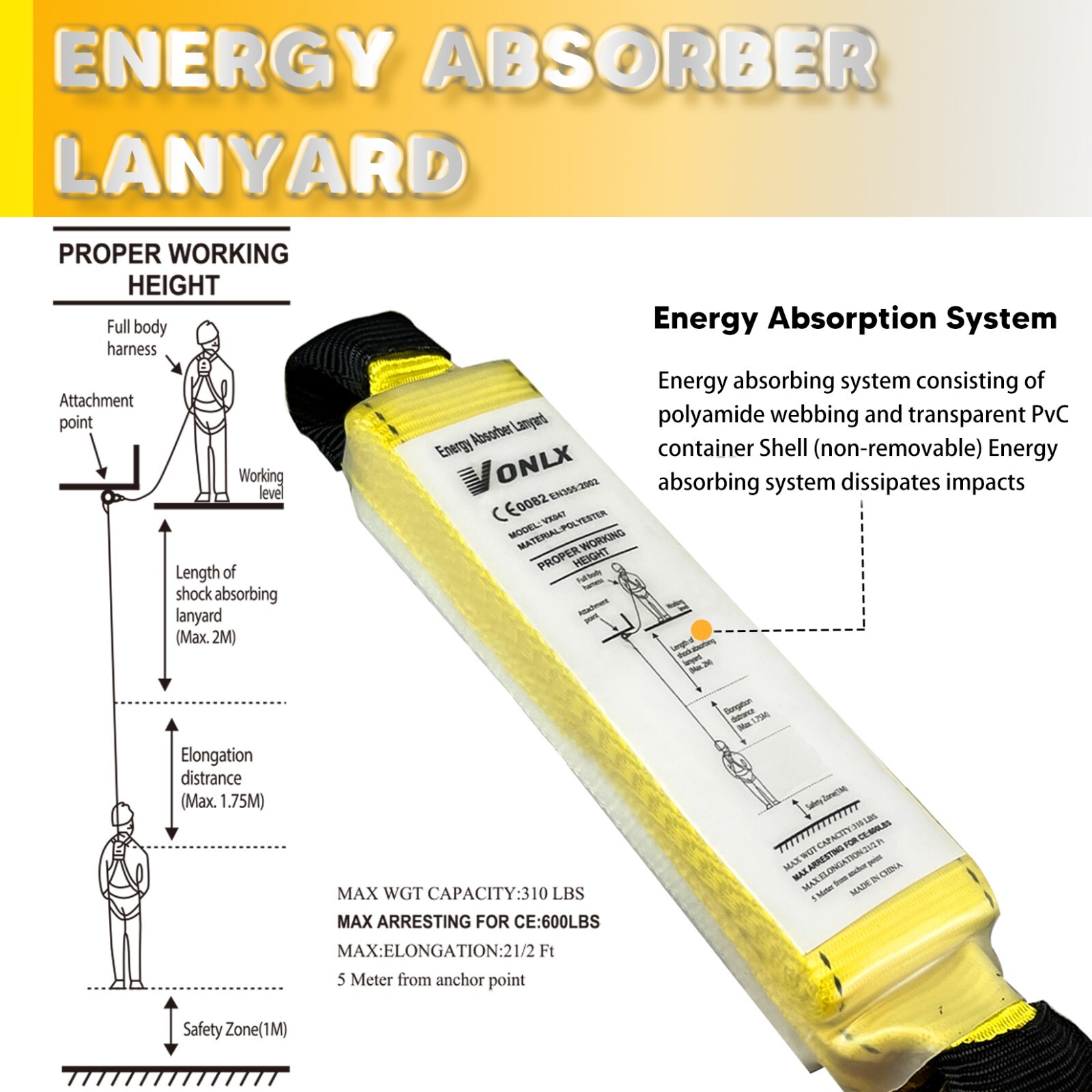 Vertical 50FT Safety Rope with Alloy Steel Grab Snap Hooks Shock Absorber