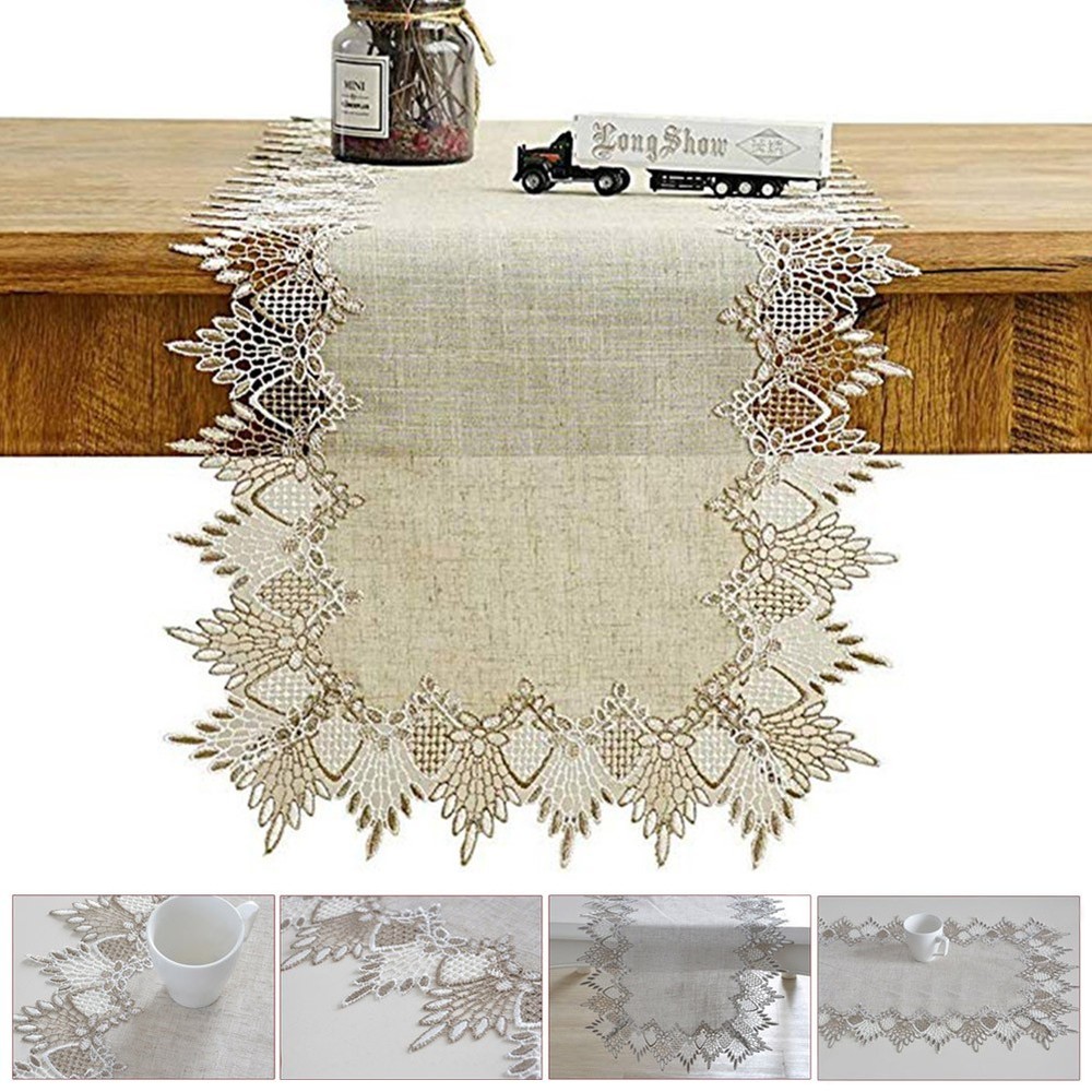 Rustic Embroidered Floral Linen Table Runner Cloth for Dressing Tables