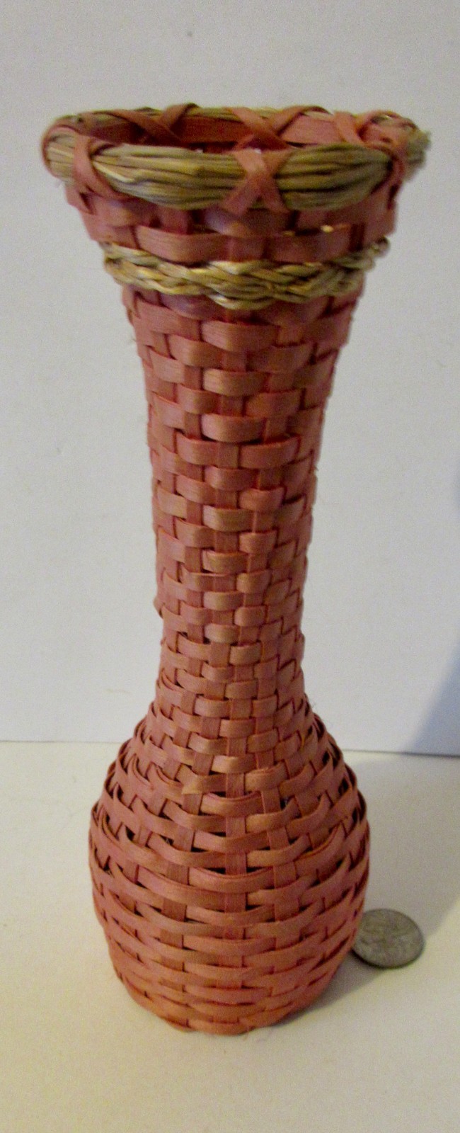 Tall Wabanaki Basketry covered glass vase; "Willow Tree" -Penobscot 2002