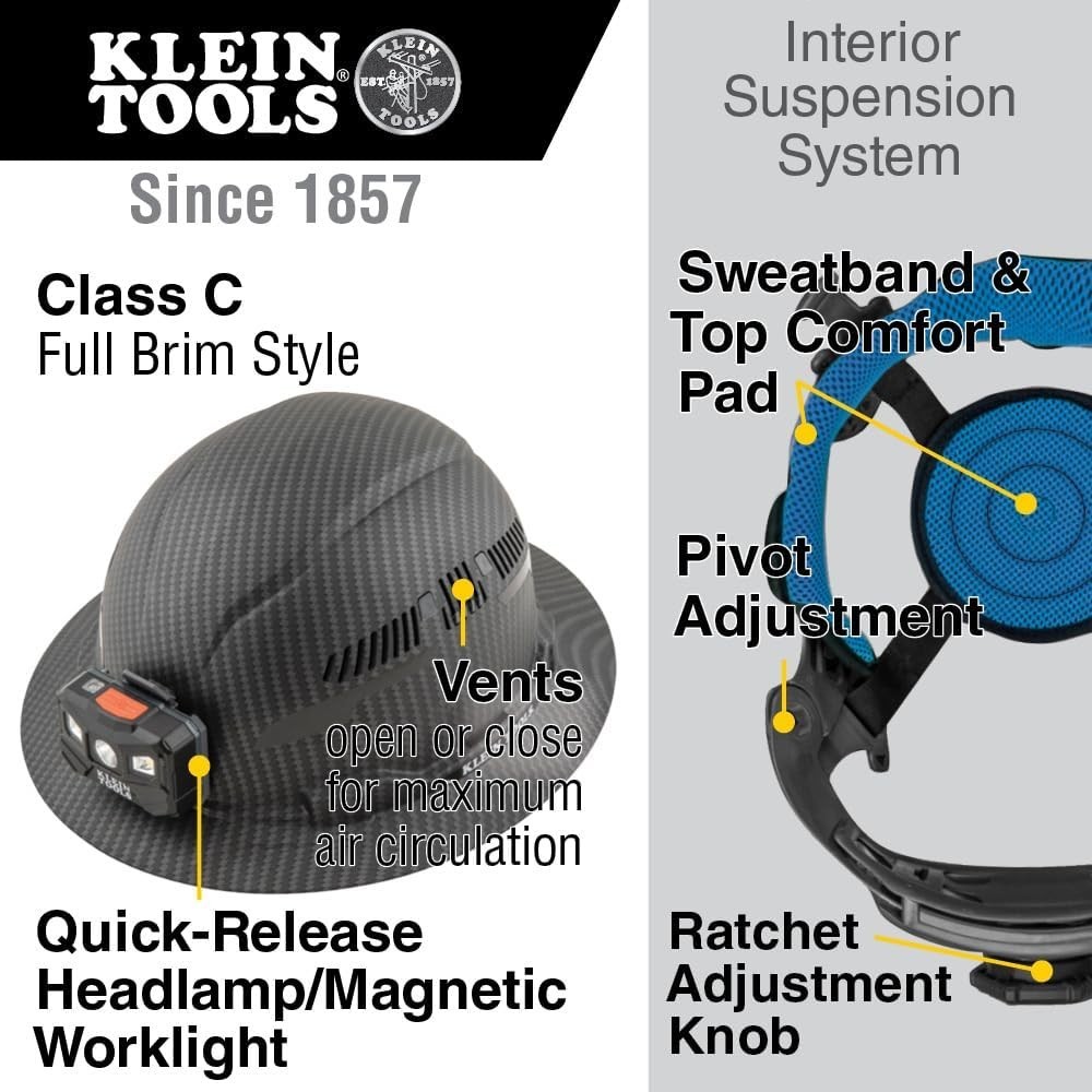 Klein Tools 60347 Vented Hard Hat, Full Brim, Rechargeable Lamp, KARBN Pattern