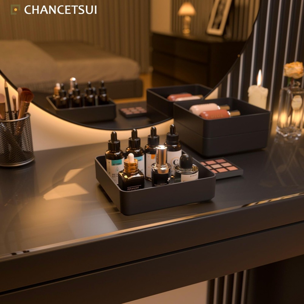 CHANCETSUI Black Stackable Vanity Organizer Trays: Thick Makeup Holder for Co...