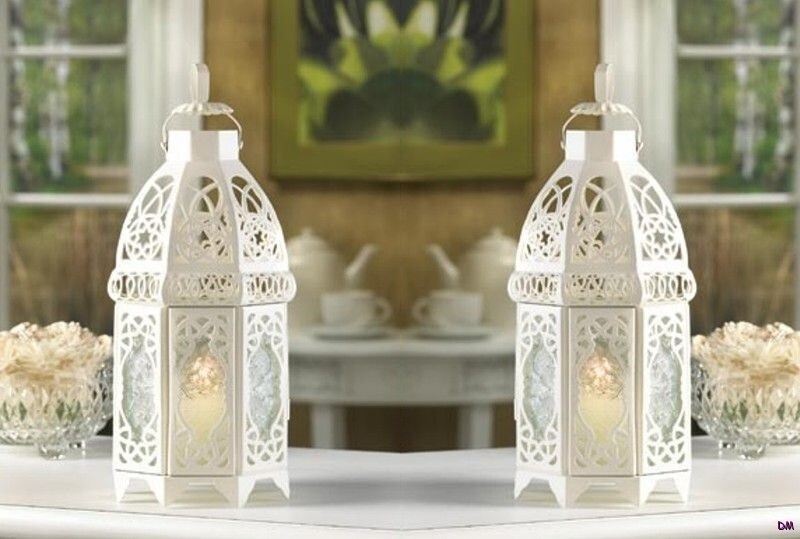 2 WHITE LATTICE LANTERNS - 12" HIGH - IRON & GLASS