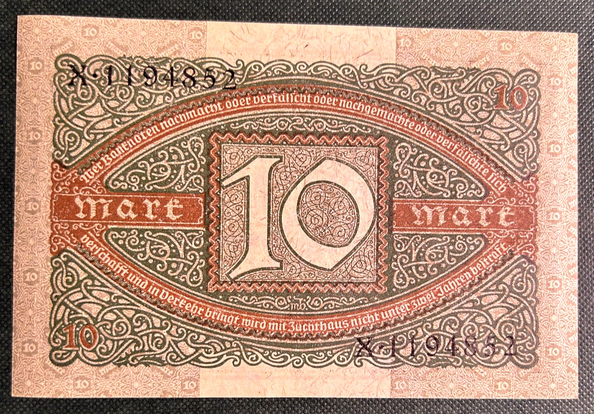 GERMANY REICHBANKNOTE 1920 10 MARK GRADE UNC P-67 with unprint red letter J