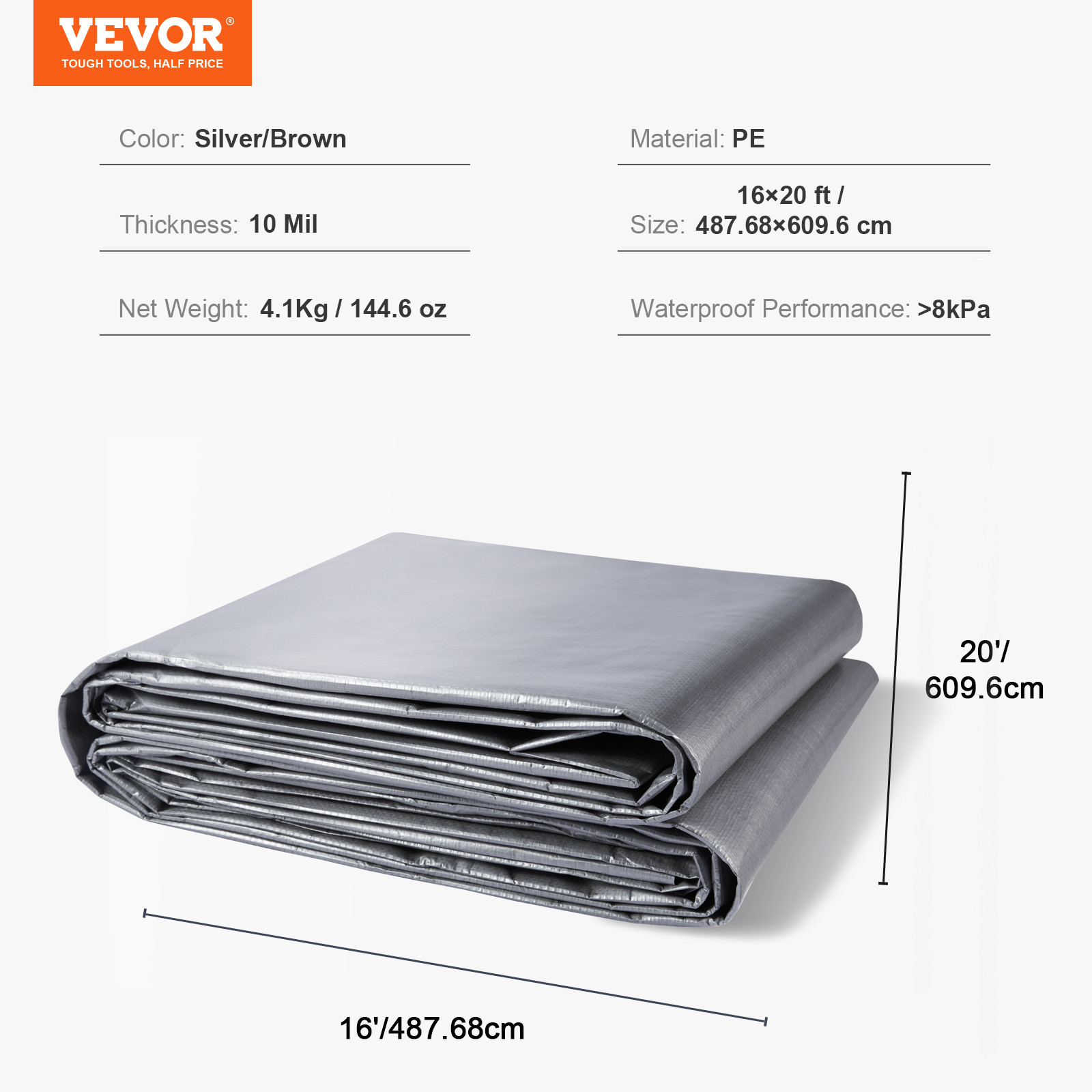 VEVOR 16 x 20 ft Waterproof Tarpaulin, 10Mil Poly Tarp