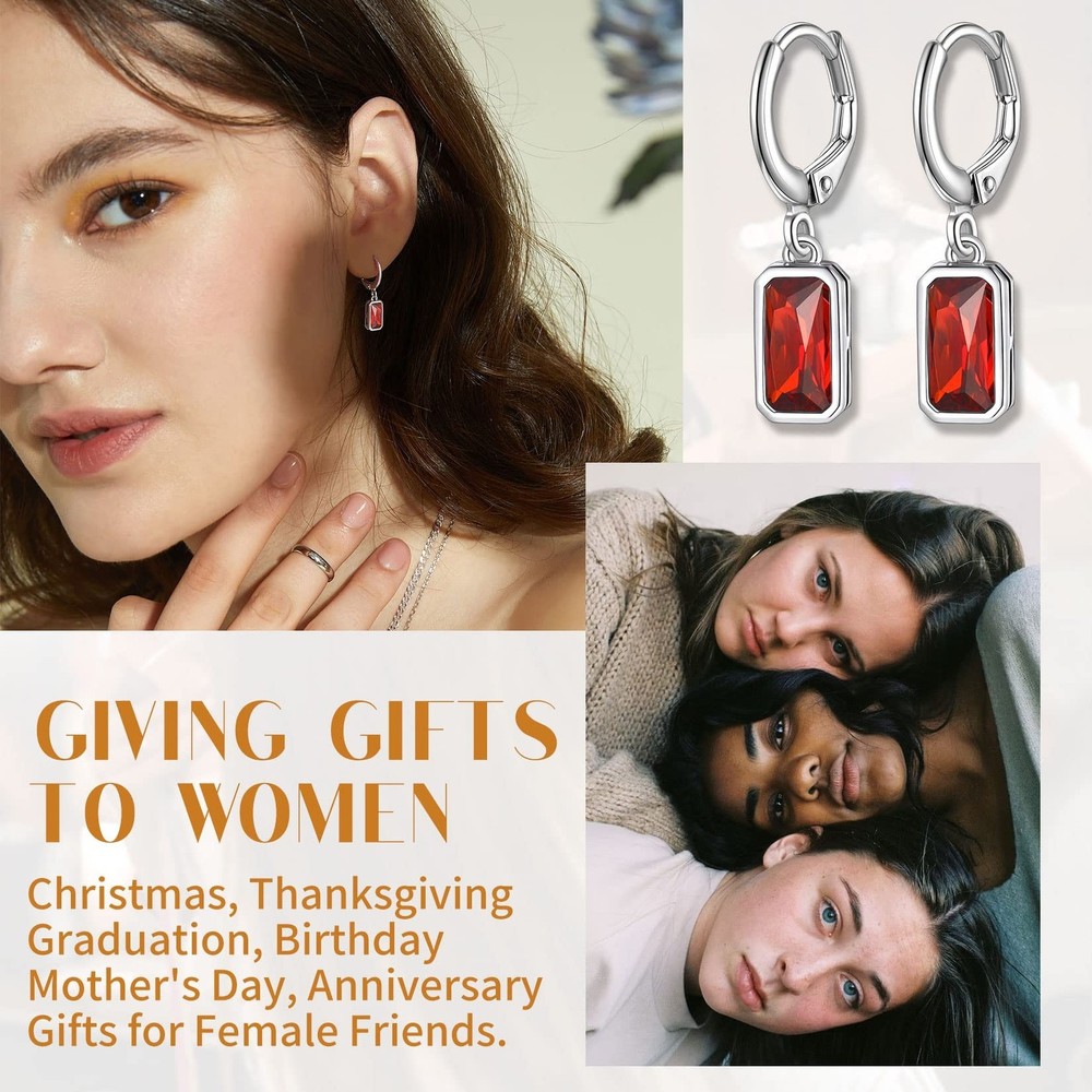 Suplight Sterling Silver Birthstone Drop Earrings for Women with Rectangular ...