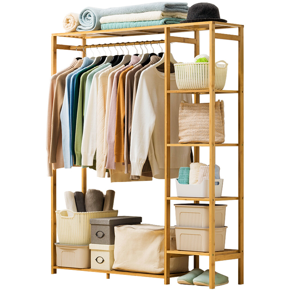 Freestanding Large Wood Clothing Garment Rack Shelf Clothes Hanging Rack Closet
