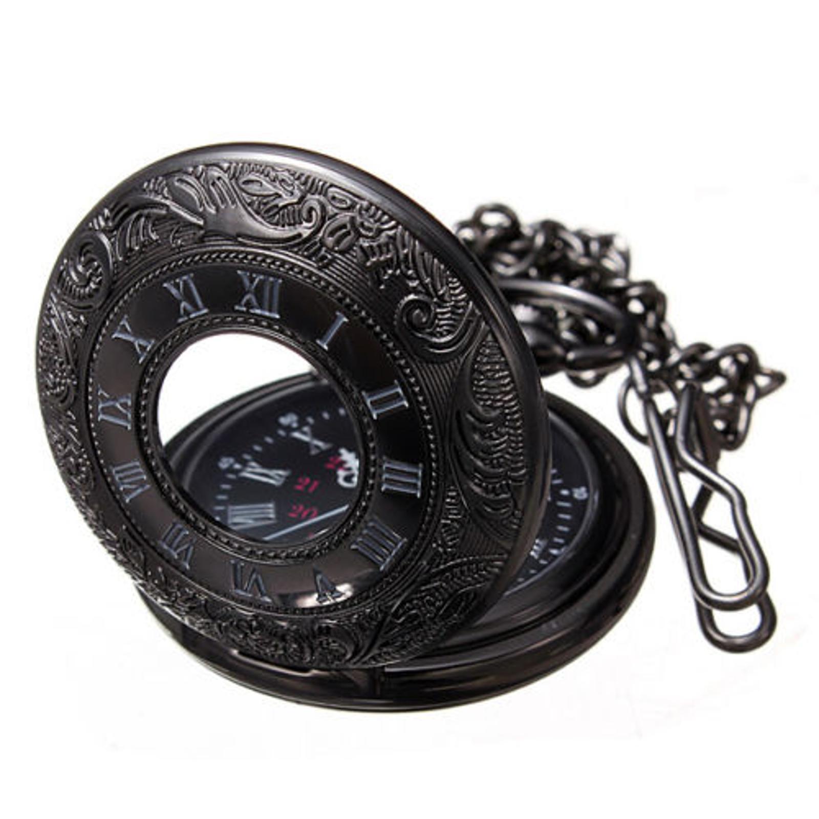 Retro Steampunk Pocket Watch Black Vintage Quartz Pendant Necklace Chain Gift
