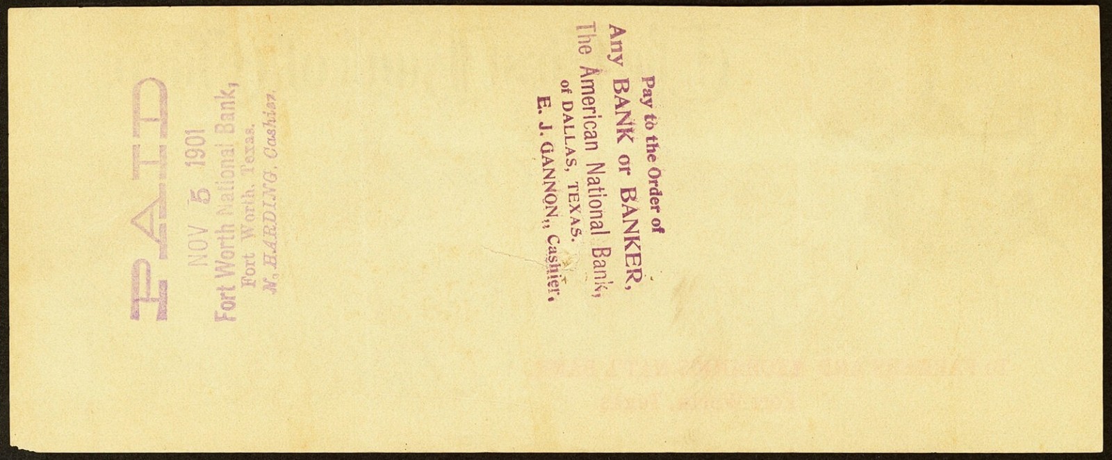 TX $58 The First Bank of CHICO Texas Nov 1, 1901 thru F&M Nat'l FORT WORTH check