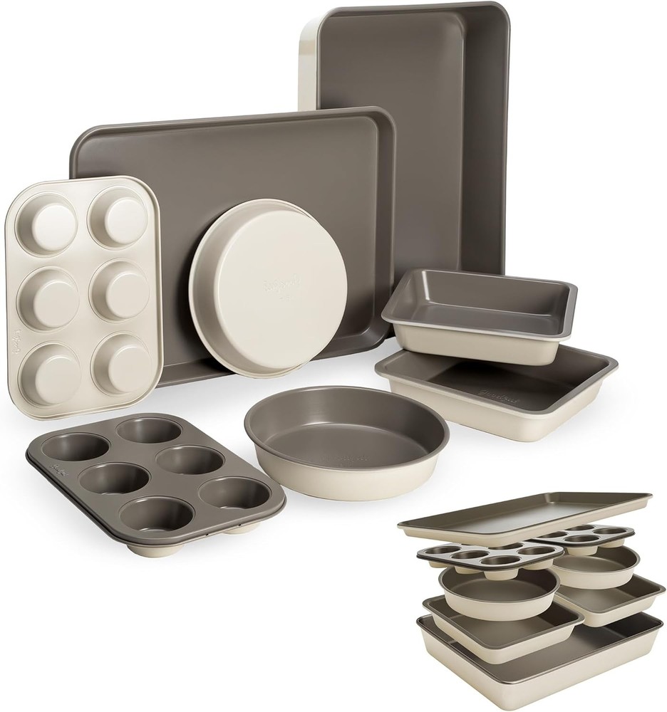 Goodful All-In-One Nonstick Bakeware Set, Stackable and Space 8-Piece, Linen