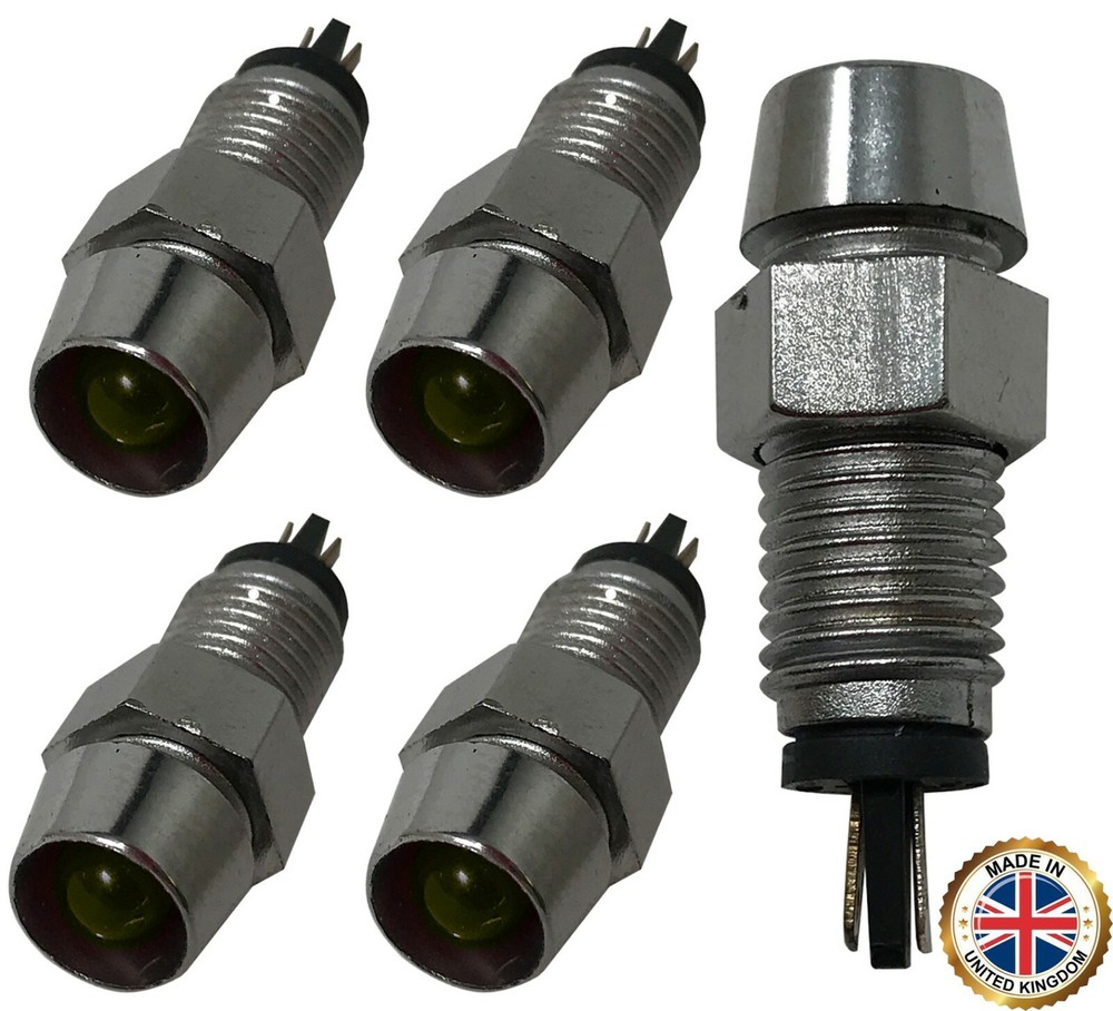 5 Pack of Universal 12V Amber LED Lamp Dash Panel Pilot Indicator Light - Chrome